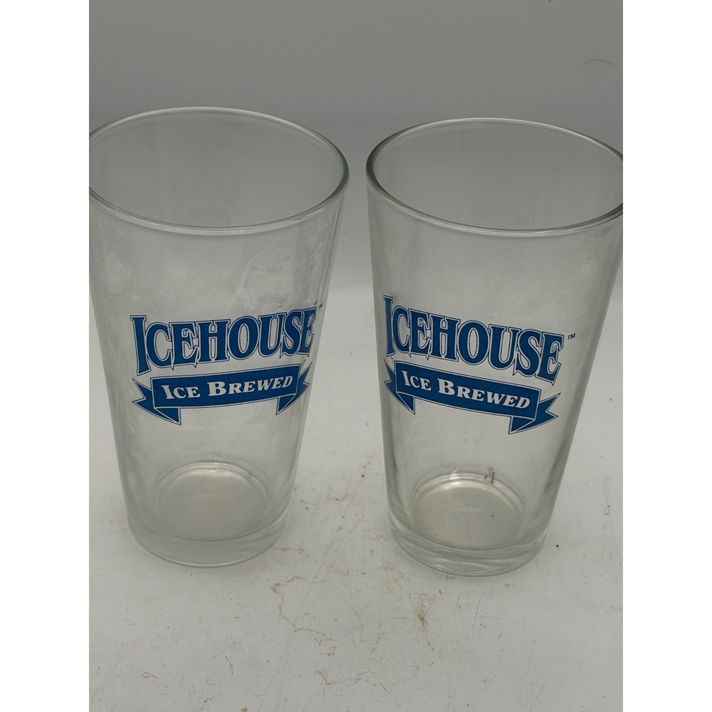 Vintage Icehouse Ice Brewed Beer Glasses Set of 2 Clear Blue Logo Pint Glass
